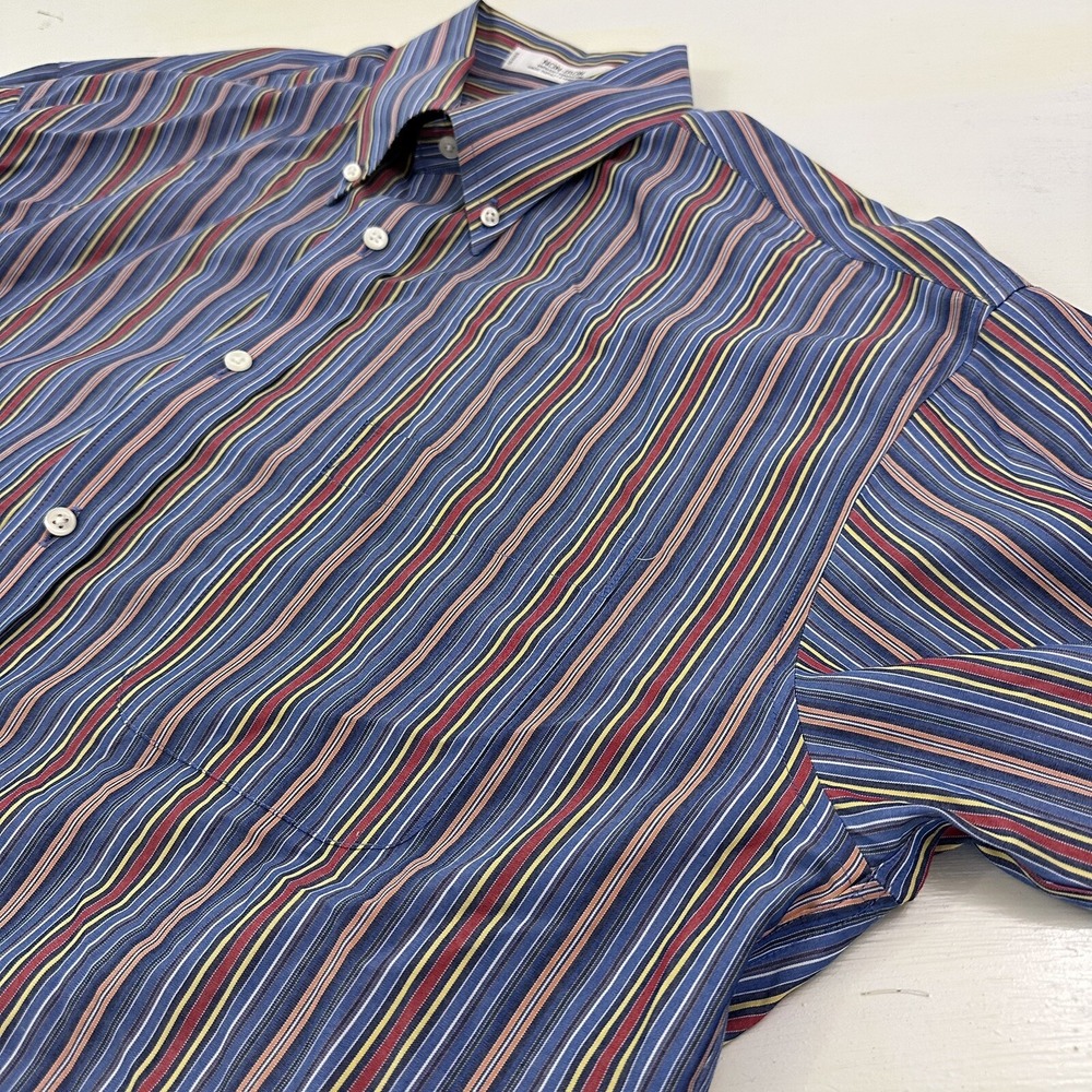 VTG ENRO Shirt Mens Large Blue Multicolor Striped Cotton Non-Iron Button Down